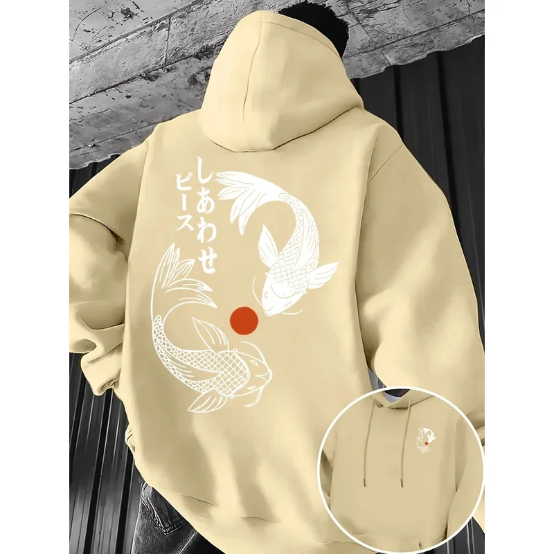 سويت شيرت رجالي بغطاء للرأس، نمط كوي - تصميم كوي هندسي وشخصيات يابانية، قابل للغسل في الغسالة #2