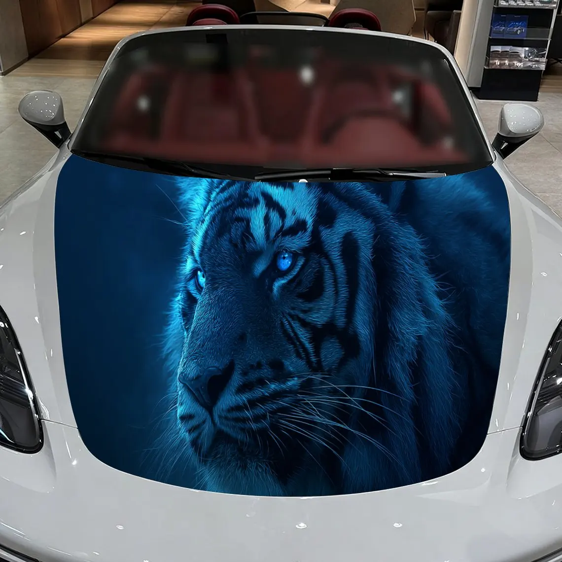 Car Decals A Tiger with Distinct Stripes in a Deep Blue, Textured Background with Illuminated Artistic Details Car Hood Sticker,
