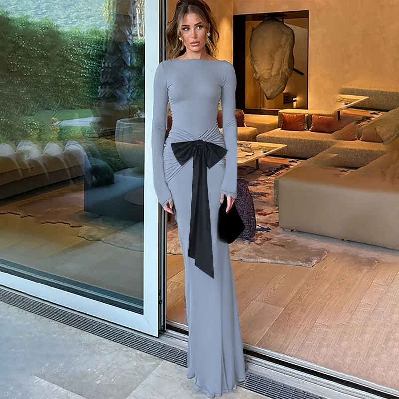 ZX25252PFO Vestido ajustado de manga larga con pajarita elegante y adelgazante, superventas