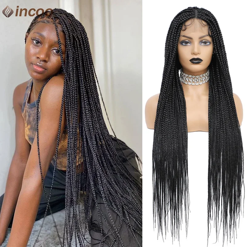 

36 Inch Braided Lace Wig Synthetic Knotless Box Braids Wigs For Black Women Small Square Full Lace Front Cornrows Braided Wigs