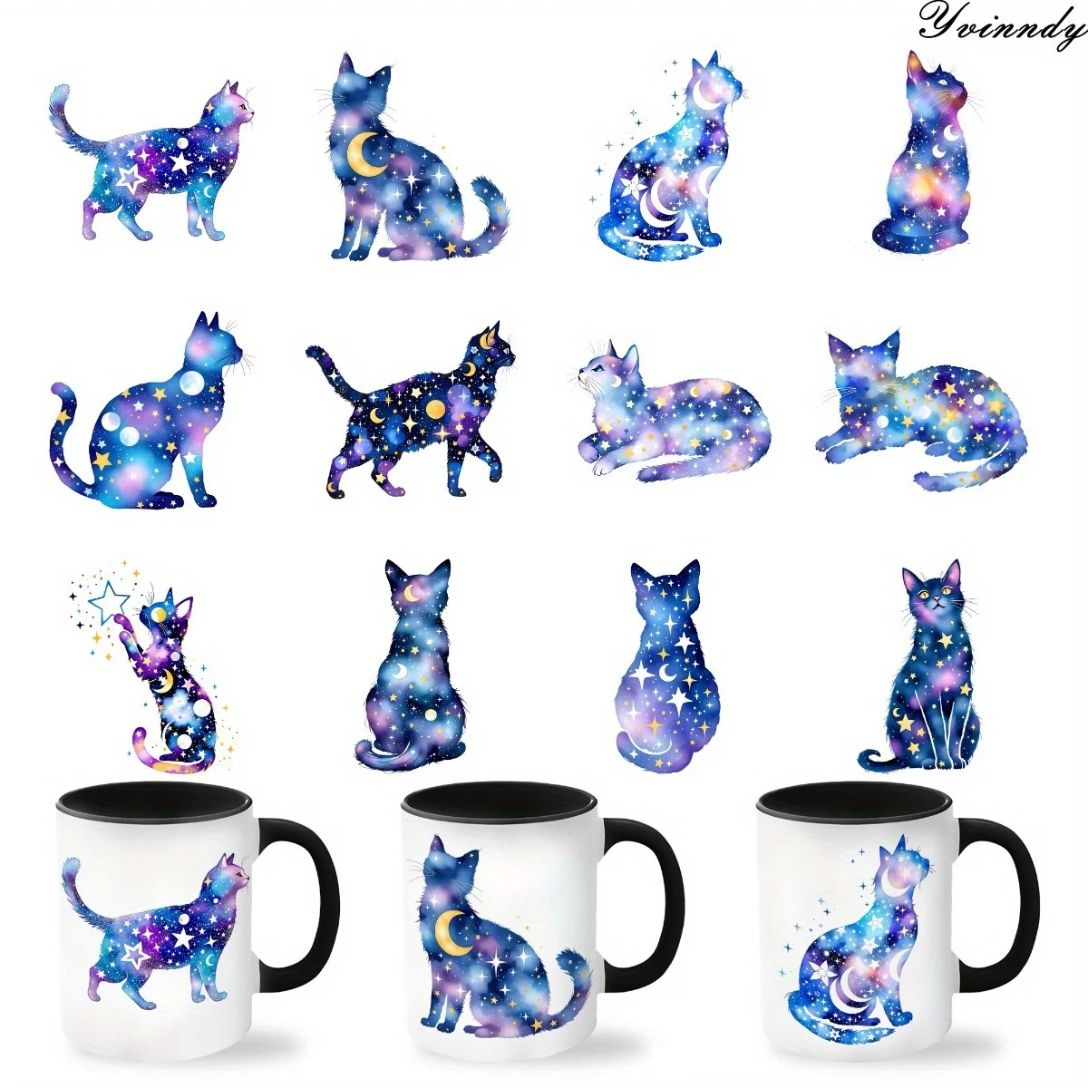 12 Stück/Set Aquarell-Katzen DIY Glasbehälter-Verpackungsaufkleber UV DTF Hochwertiges selbstklebendes Transferpapier zum Dekorieren von Tassen und Flaschen