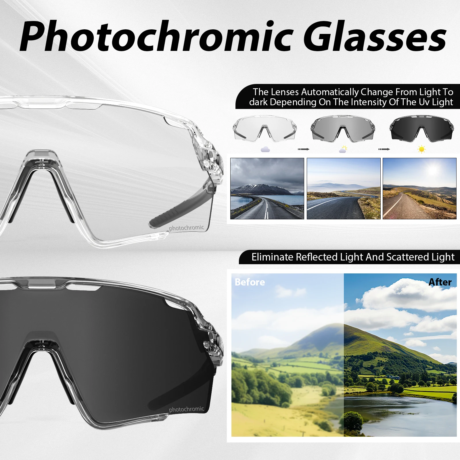 Kapvoe Photochromic Sunglasses Frame and Lens Photochromic Cycling Glasses UV400 Sports Glasses Running Driving Outdoor Eyewear