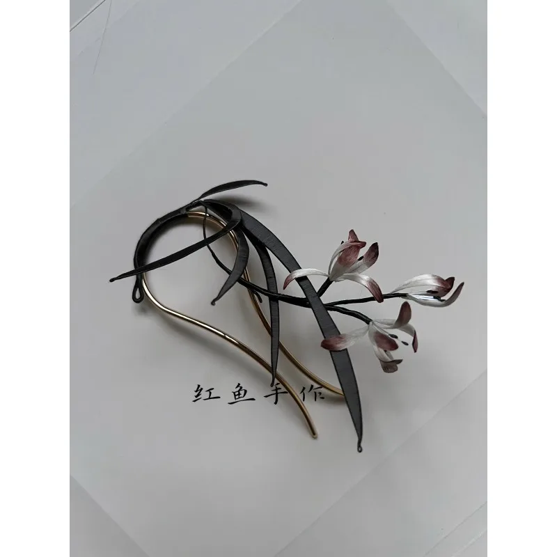Edelweiss wrapped orchid hairpin, ink color Edelweiss hairpin, can be changed brooch, design red fish handmade