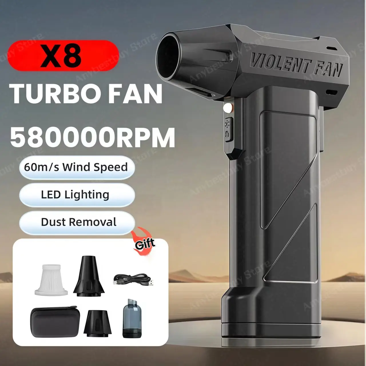 X8 مروحة توربو محرك بدون فرشاة منفاخ غبار قوي تدفق هواء قوي 60 متر/الثانية منفضة هواء مضغوط لاسلكية مع أضواء LED مسدس نفاث