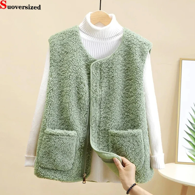 

Oversized 4xl Faux Lambswool Vest Thick Warm Women Waistcoat Autumn Winter Teddy Chaquetas Candy Colors Loose Sleeveless Jackets