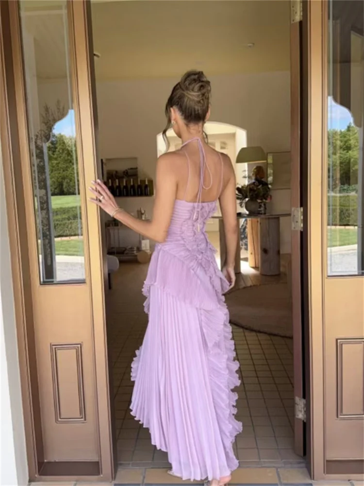 Macheda Ruffles ตกแต่ง Maxi ชุดผู้หญิง Halter ปิดไหล่ Backless แยก Robe ฤดูร้อนแฟชั่น Ruched Elegant Long Bodycon