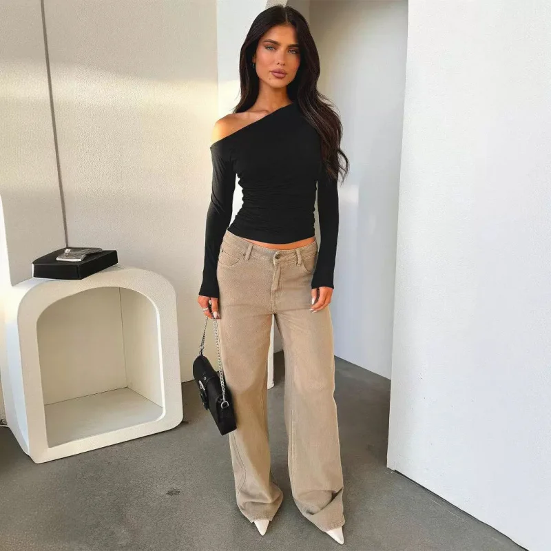 

New Women'S T-Shirt With Slanted Collar And Off Shoulder Long Sleeved Knitted Shirt, Summer High-End And Spicy Girl Top