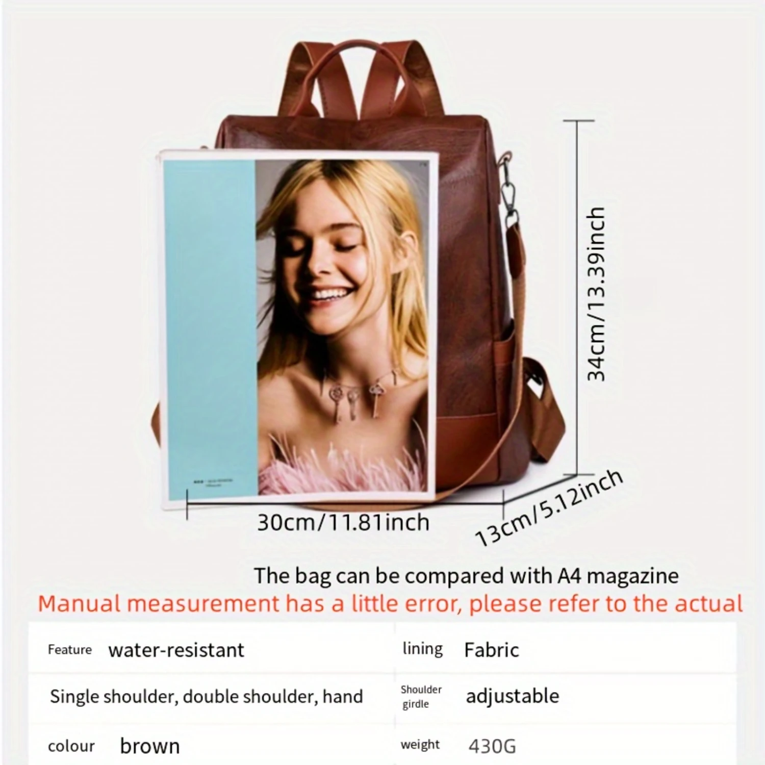 1pc Classic Lightweight Zipper Backpack, Large Capacity Soft Leather Bag For Outdoor Travel