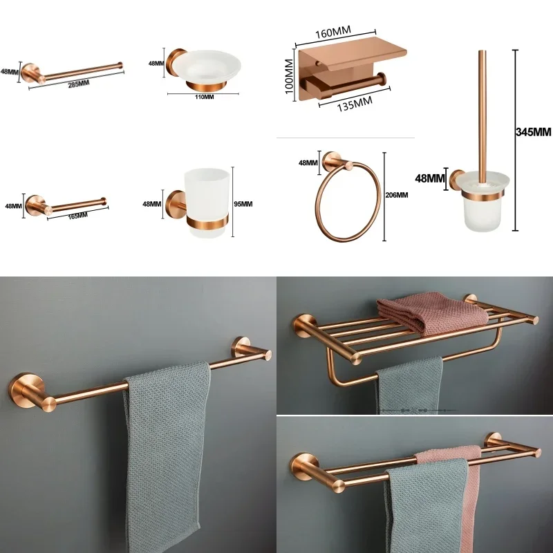Brushed Rose Gold Stainless Steel Wall-Mounted Bathroom Accessories Set -Towel Stick Toilet Paper Holder Robe Hook And Soap Dish