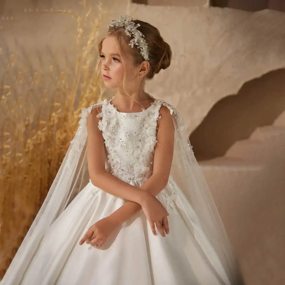 Maßgeschneidertes bodenlanges Blumenmädchenkleid mit O-Ausschnitt, weißes 3D-Blumenkleid mit Pailletten, A-Linie, Erstkommunionkleid, Kindergeburtstagskleider – Detail 5