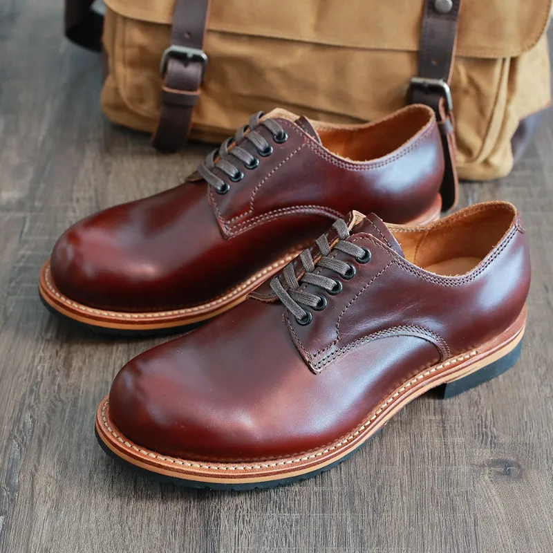 

Японские рабочие туфли с круглым носком, ручной работы, из натуральной кожи, повседневные деловые туфли на шнуровке, британские туфли дерби из воловьей кожи