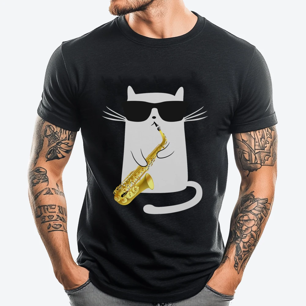 Funny Cat Saxophone Music Wholesale Tshirts 100 Pcs T Shirt Mens Gifts Print Camisetas De Hombre Casual