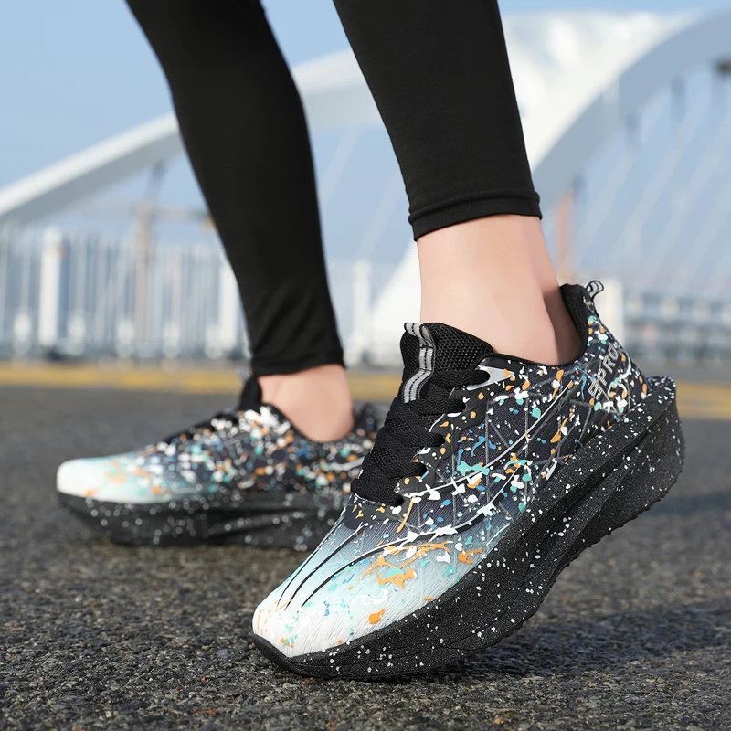 2026 ultra light full palm carbon plate sports Running Shoes With Dreamy Ink Splashing Design, Pink Sports Casual Running Shoes