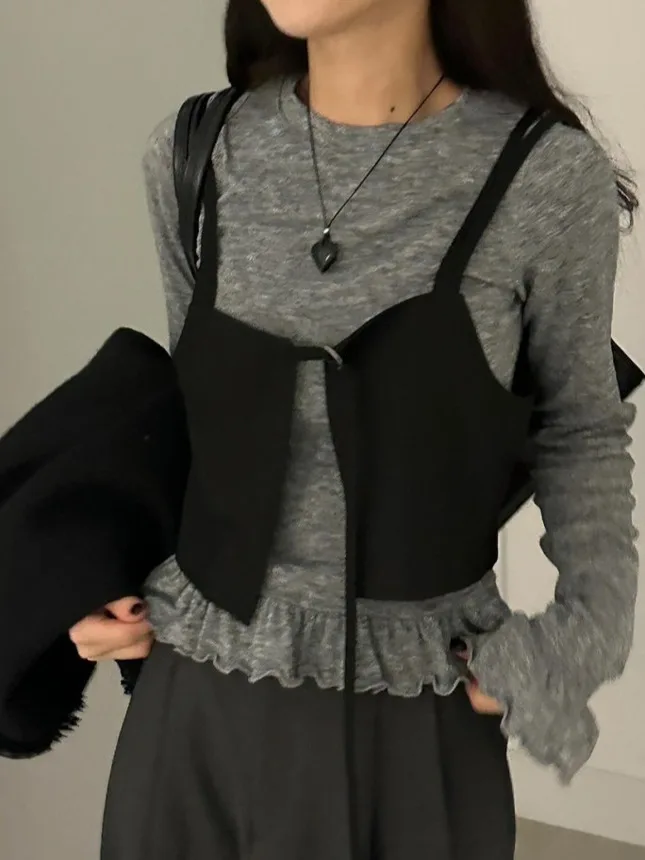 Atasan Rompi Tali Wanita Faion Musim Semi Rok Midi Desain Sabuk Pinggang Tinggi Set Dua Potong Pakaian Luar Dres Nyaman Kasual