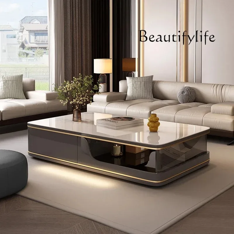J طاولة القهوة لغرفة المعيشة الحديثة بسيطة البني الزجاج روك بلاطة جديدة الإيطالية الحد الأدنى طاولة شاي الخشب الصلب المنزلية #3