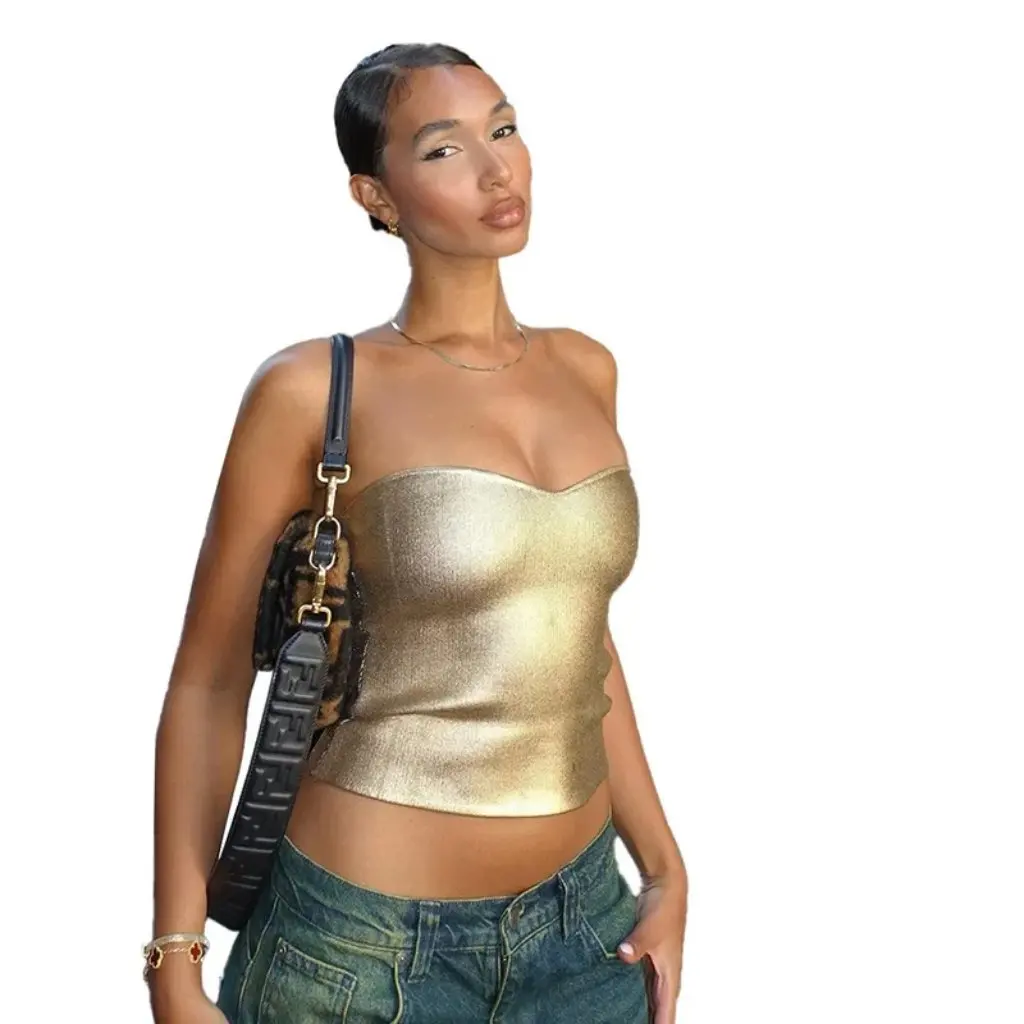 

Women's Summer New Solid Color Strapless Sleeveless Slim-fit Vest Top Bronzing Casual Small Navel Design