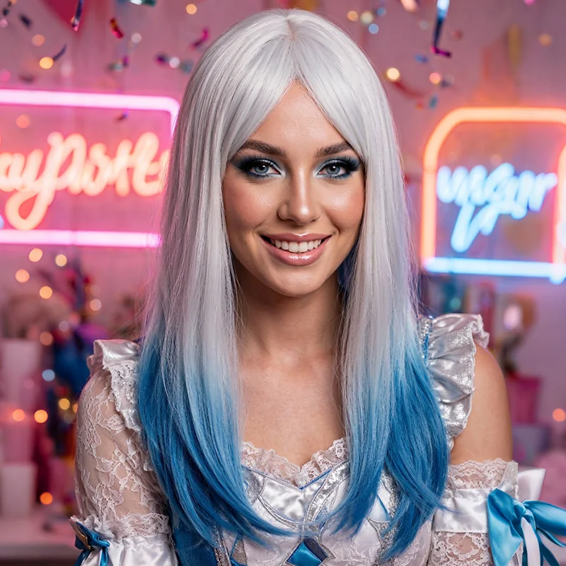 Silver White Blue Gradient Premium Synthetic Fiber Long Straight Wig Ombre Highlights Middle Part Bangs Layered Inner Curl Tips Heat Resistant Adjustable Cap for Women Girls Anime Cosplay Party Halloween Costume Role Play Stage Show Photo Shoot