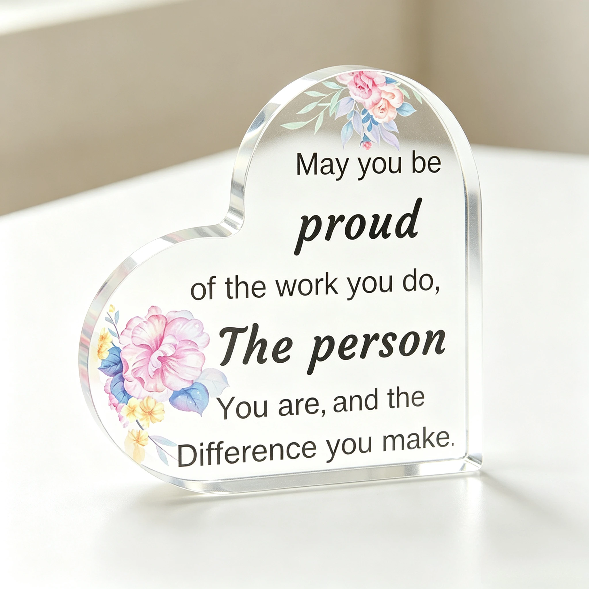 Encouraging Affirmation Heart Acrylic Stand, Pink Peony Flower Motivational Table Ornament