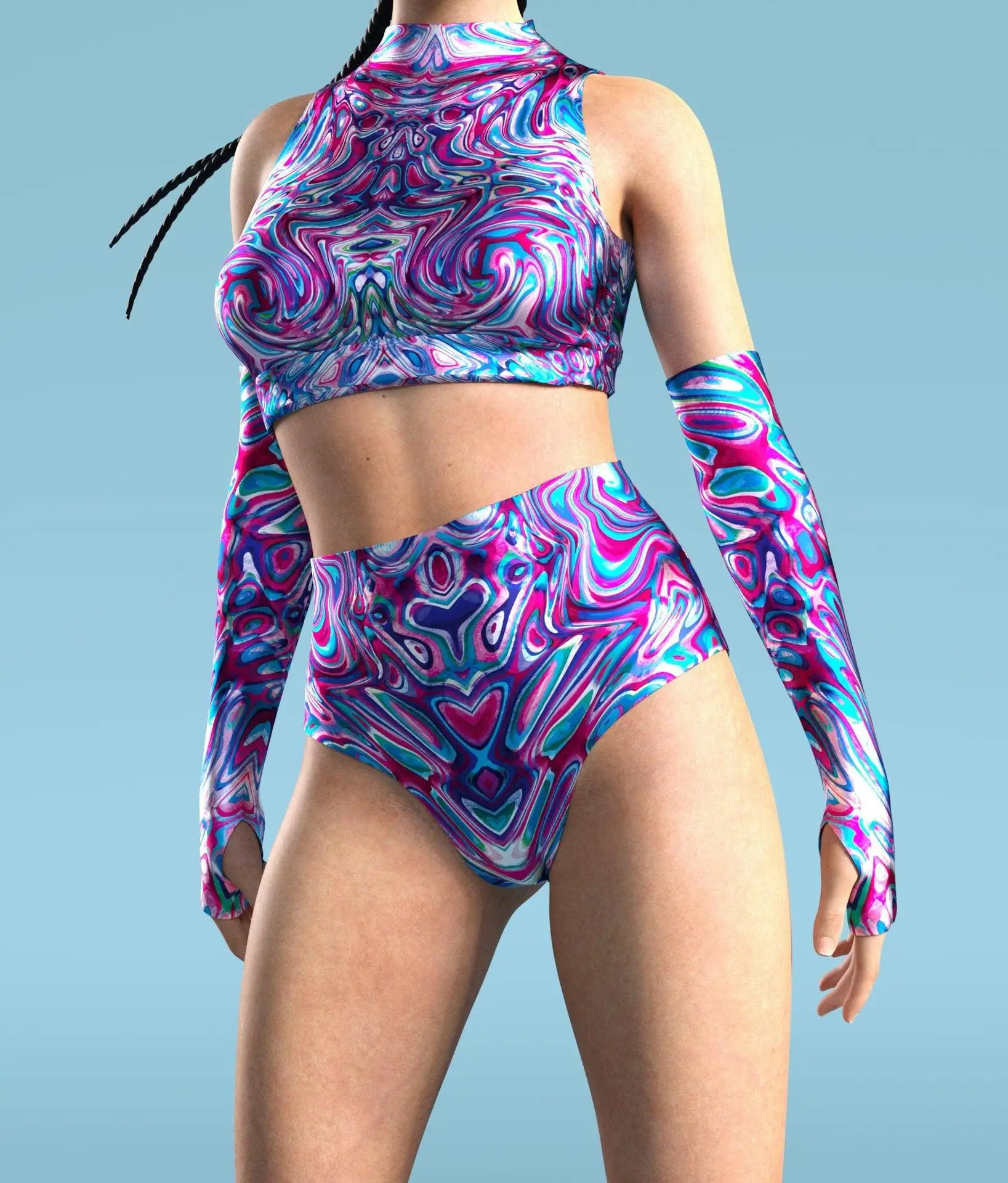 Women Cyber Punk Mermaid Scale Cosplay Costume Swimsuit Set Halloween Party Colorful Tops Shorts Modern Dance Rave Out Swimwear
