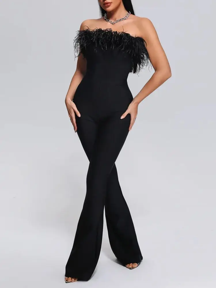 BEVENCCEL 2023 Summer Solid Black Sexy Open Back Tight Wide Leg Luxury Feather Sexy Strapless Bandage jumpsuit Women Jumpsuits