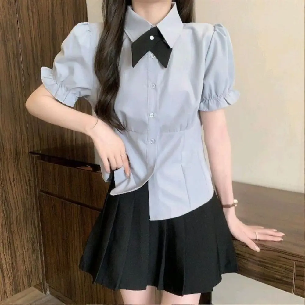 

Модные рубашки JK с короткими рукавами и бантом, пышные рукава, тонкая блузка в консервативном стиле, женский укороченный топ Y2K, милые рубашки для девочек, уличная одежда