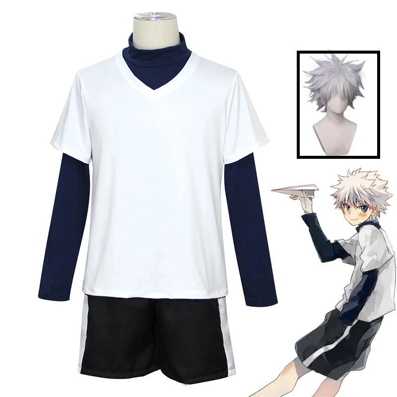【Wetrose】In Stock Killua Zoldyck Cosplay Costume Hunter Hantaa Kirua Zaoldyeck T shirt Full Set Wig Halloween view 3