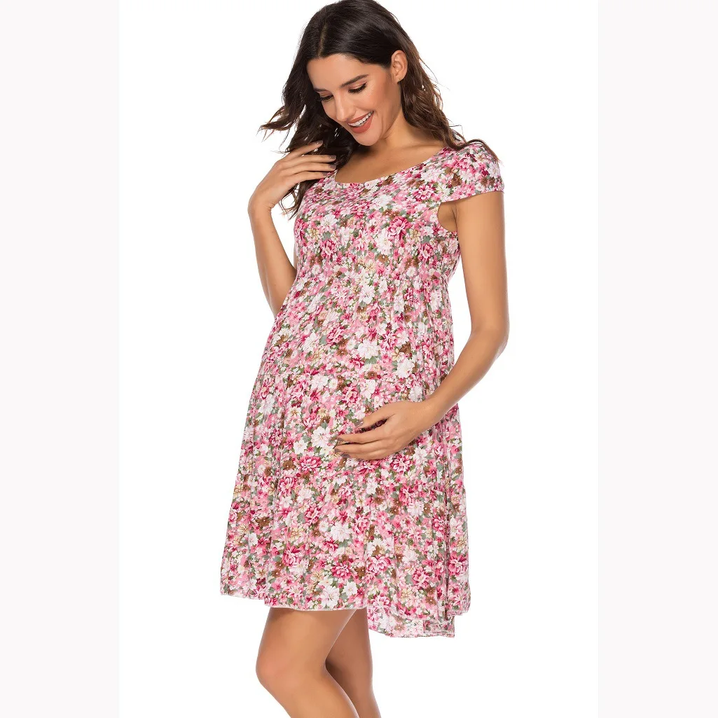 Floral Maternity Dress Pregnancy Clothes for Pregnant Women High Waist Round Neck Short Sleeve Dress Women