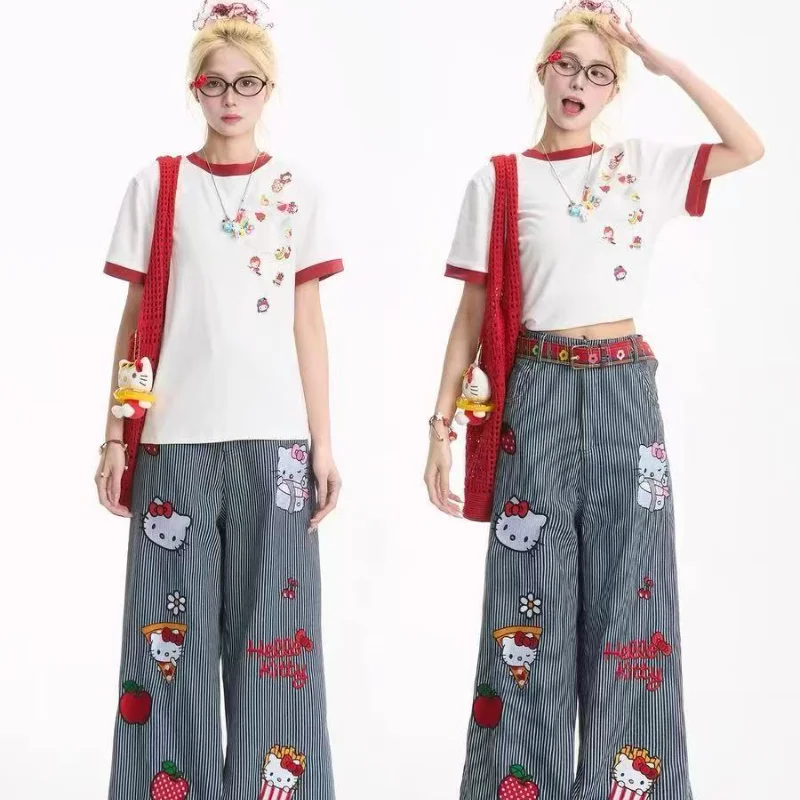 

Sanrio Hello Kitty Women American Style Retro Jeans Embroidered Stripe Anime Girl Loose Wide Leg Pants Versatile Student Pants