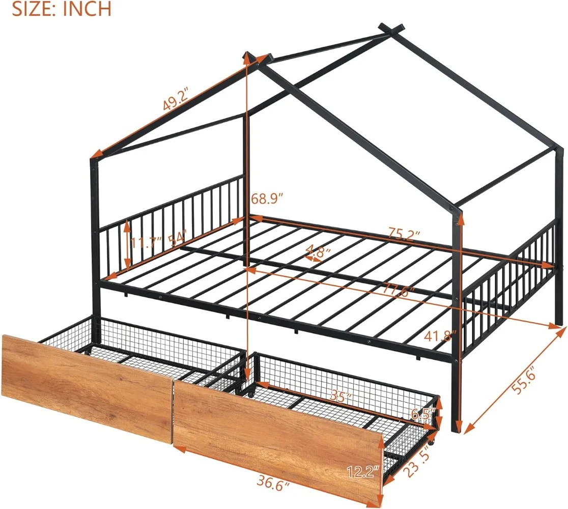 Metal House Bed for Kids, Full Size Bed Frame with Storage Drawers and Slats, Kids Bed Frame with Headboard and Footboard