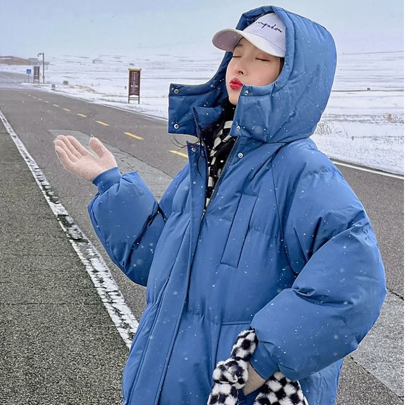 2024 New Women Cotton Coat Winter Jacket Mid Length Version Solid Color Parkas Loose Thick Outwear Hooded Simple Overcoat