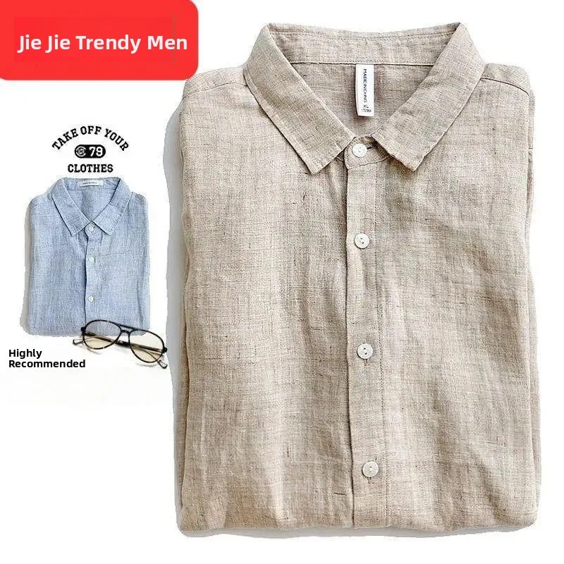 

Мужская льняная рубашка в японском стиле свободного кроя с длинным рукавом, из смесового хлопка и льна, дышащая, повседневная, на все сезоны
