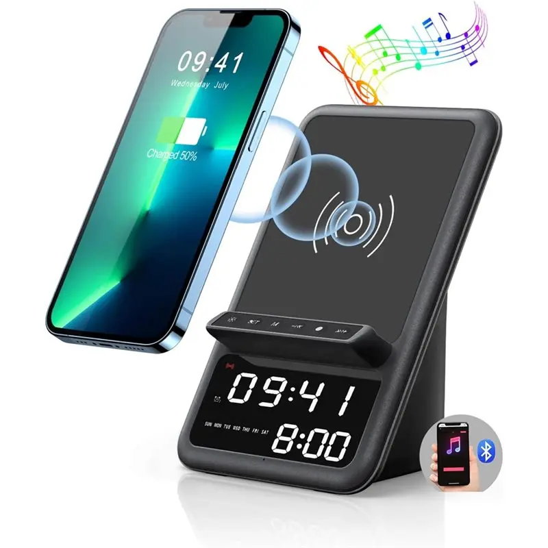 A003 Wireless Charging Station with Bluetooth Speaker and Alarm Clock,Wireless Charger for ,Android Phones
