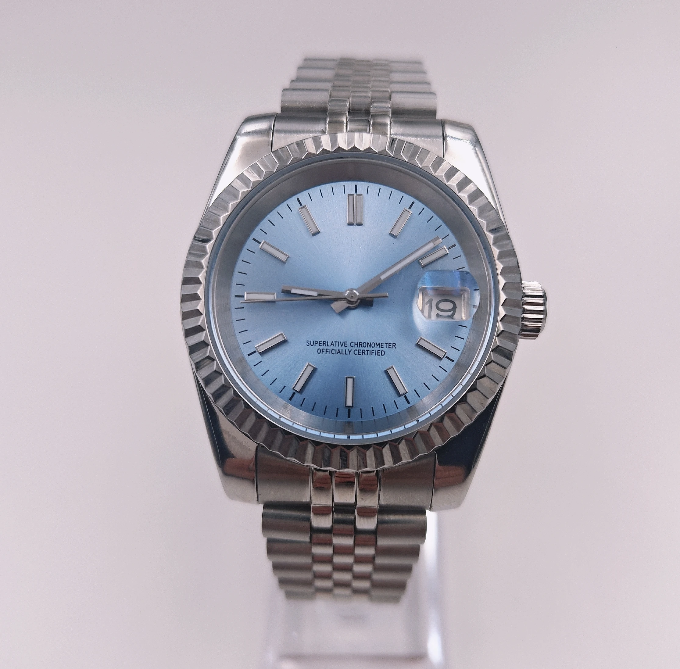 

Self Made NH35 Movement Watch Mod 39mm sapphire glass Fit Seiko NH35 movement Green Luminous Ice Blue Striped nail 28.5mm Dial