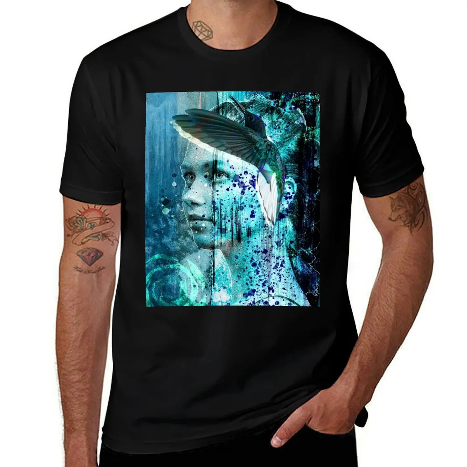 Blue Teal Portrait with Hummingbird T-Shirt t shirts for man cotton funny men t shirt cotton 100% man t shirt summer T-Shirt