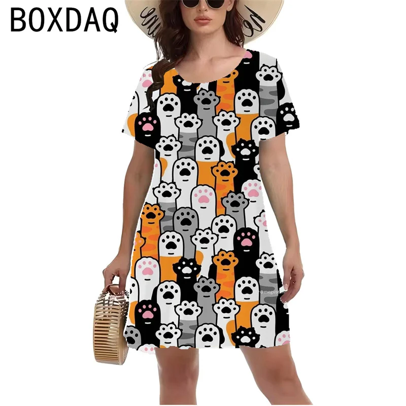 Gothic Style Cute Cartoon Cat Printed Dress Women Short Sleeve O-Neck Casual A-Line Dress Big Size 3XL Female Sundess Vestidos