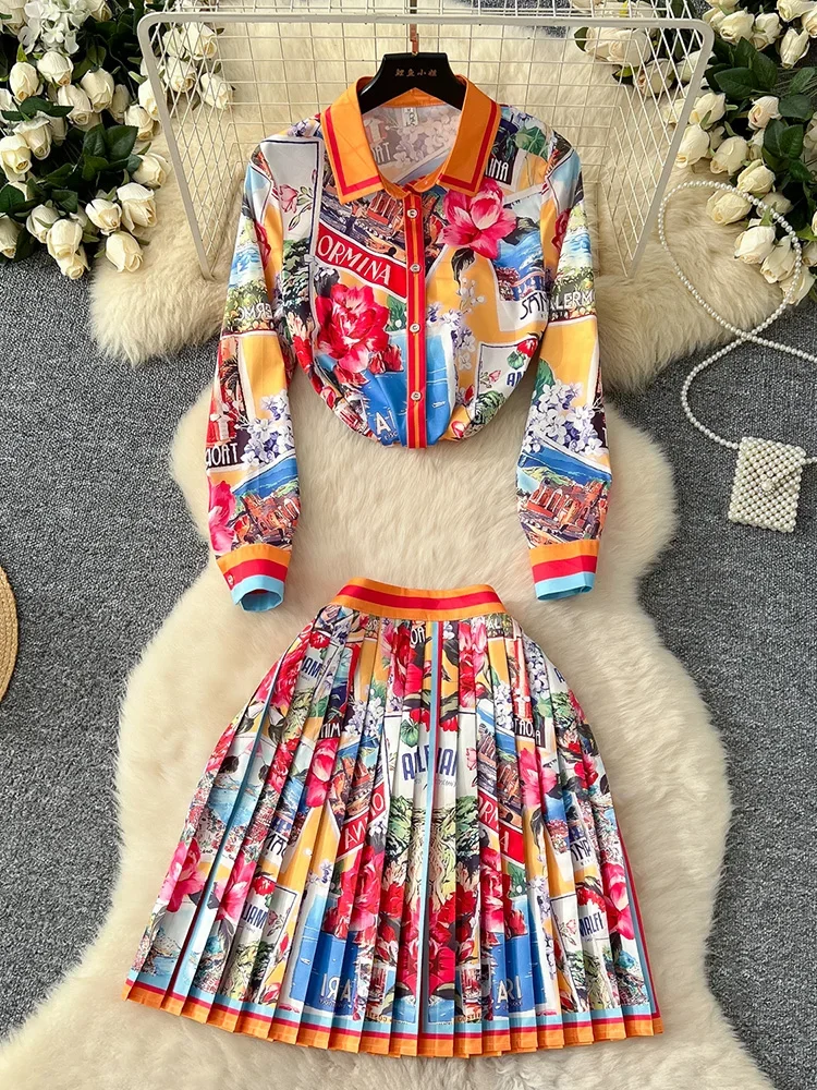 

Women's Spring Dress Sets 2024 New Casual Lapel Long Sleeved Printed Shirt+high Waisted Pleated Skirt Fashion Set TP015