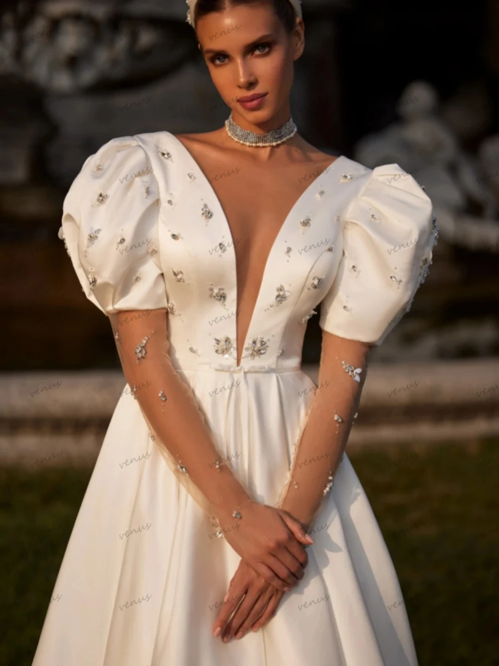 Vestidos De Novia De satén con cuentas De lujo, De línea a Vestidos De Novia, batas De princesa, mangas abullonadas, vestido Vintage para novias