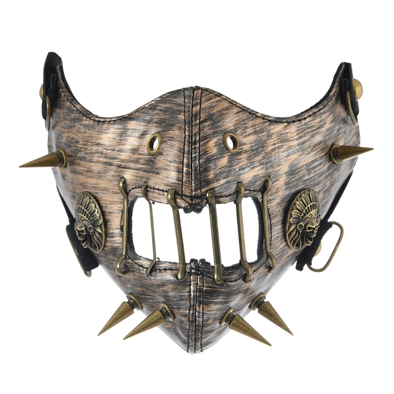 Gothic Punk PU Leather Face Mask With Distressed Finish And Metal Studs For Cosplay And Festivals