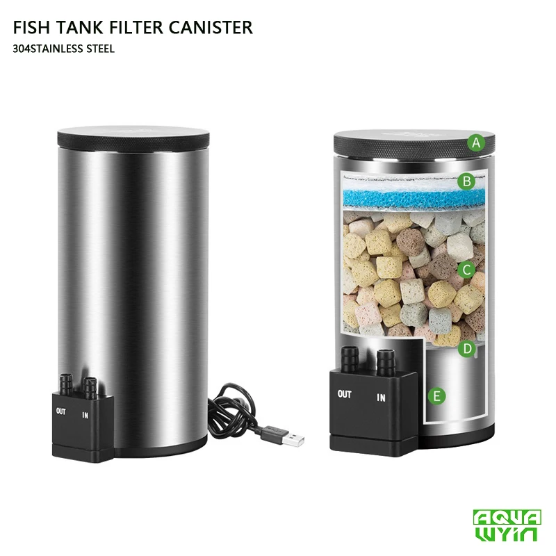 Aquarium-Filtereimer mit USB-Stromversorgung, Edelstahl, Ultra-Leise, für Desktop-Aquarien