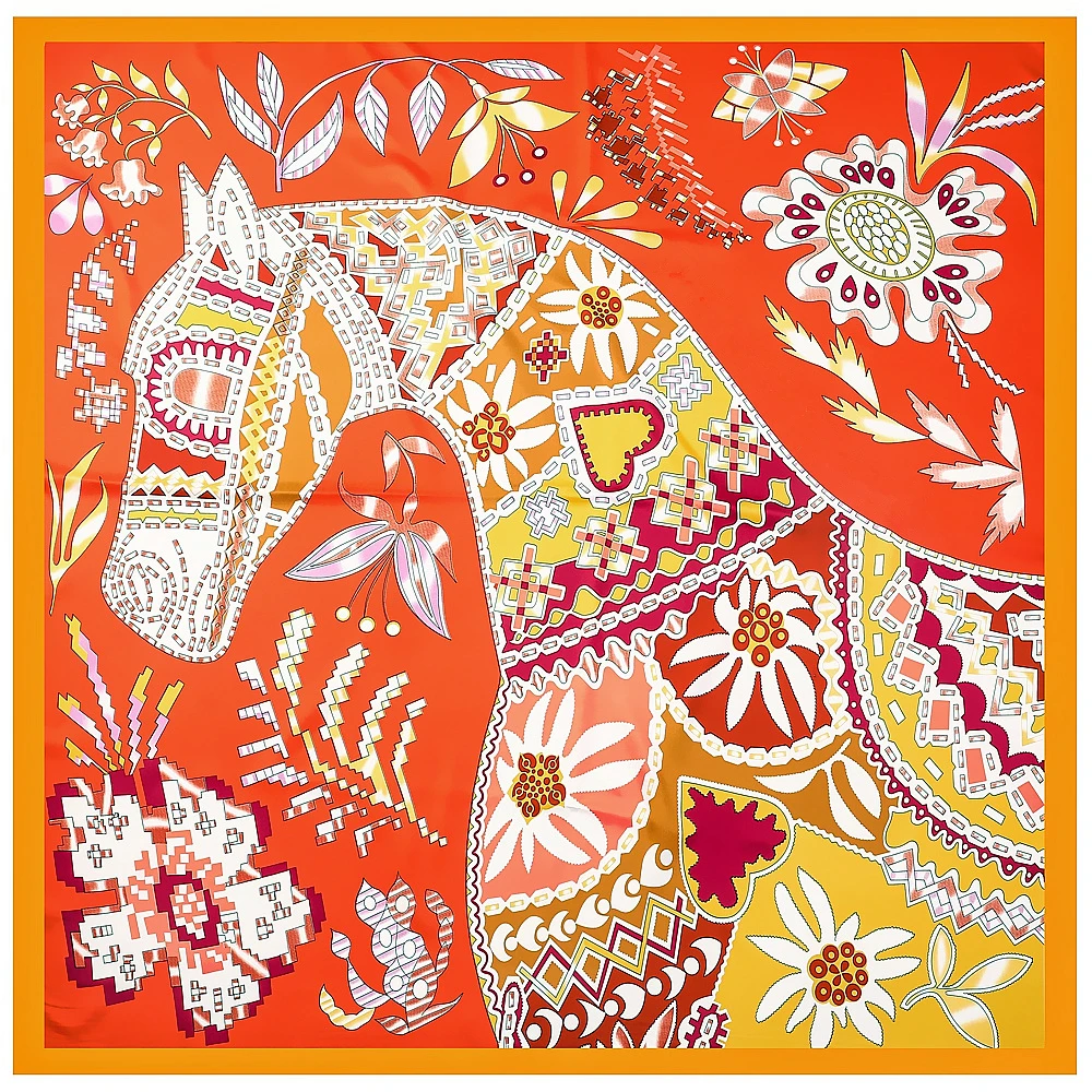 130cm Brand Women Scarves Design Horse Square Scarf Luxury Twill 100% Silk Scarf Fashion Kerchief Shawl Echarpe Sandy Beach 2024