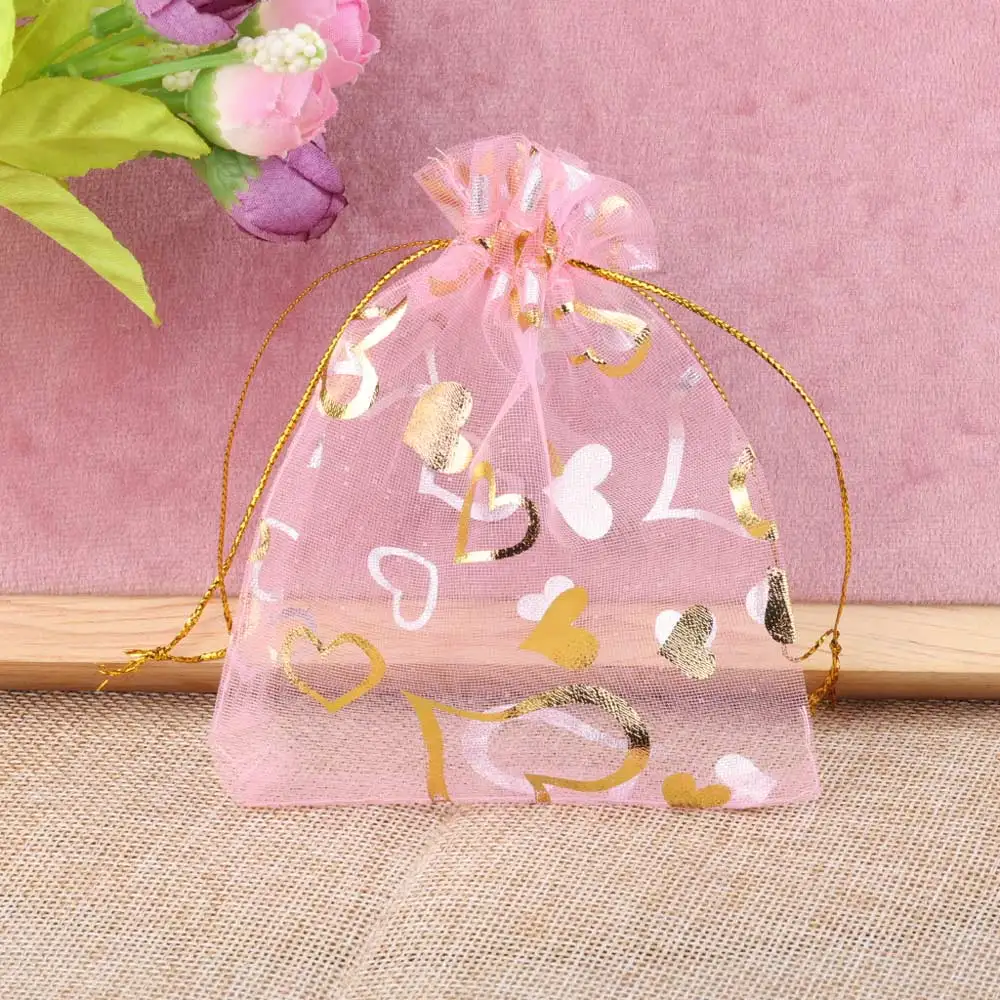 50pcs 7x9cm Gold Color Heart Organza Bags Wedding Party Christmas Drawable Packaging Display Bag Candy Jewelry Gift Pouches