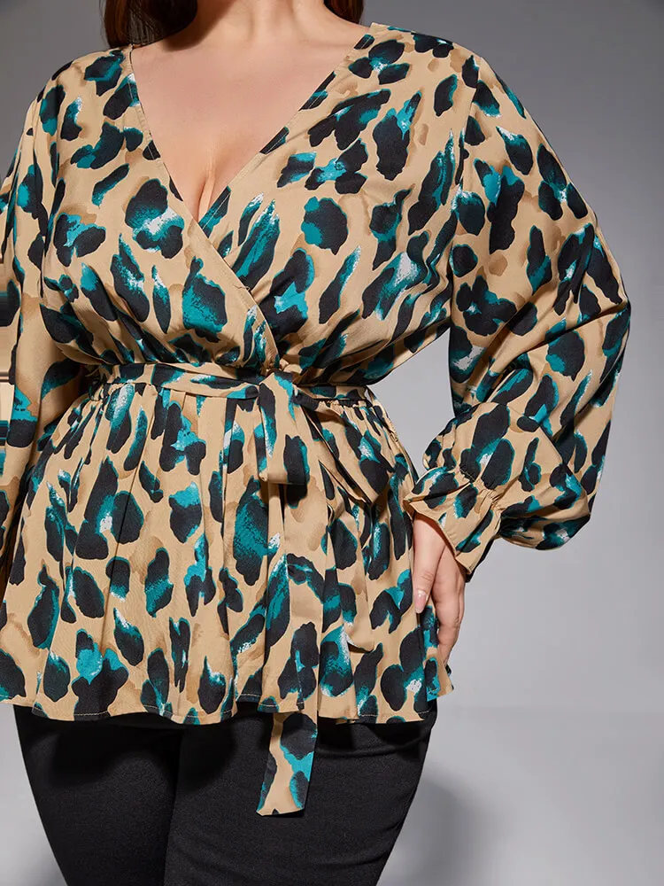 Plus Sized Clothing Sexy Leopard Printed V Neck Wrap Tops Women Casual Blouse 2024 Flounce Sleeve Belted Fashion Office Lady Top