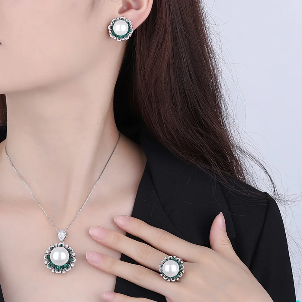 Charms White Color Pearl Ruby Emerald Gemstone Pendant Necklace Ring Earrings for Women Wedding Jewelry Sets Lady Gift Statement