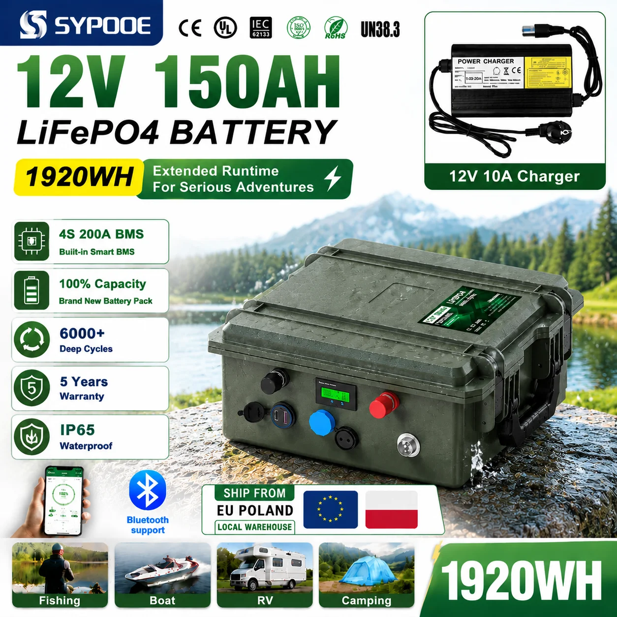 Bateria Lifepo4 12V 50AH 150AH 640WH 1280WH 100AH 200AH Bateria litowa 6000+ cykli Ip65 Ładowanie USB QC do łodzi rybackich i morskich