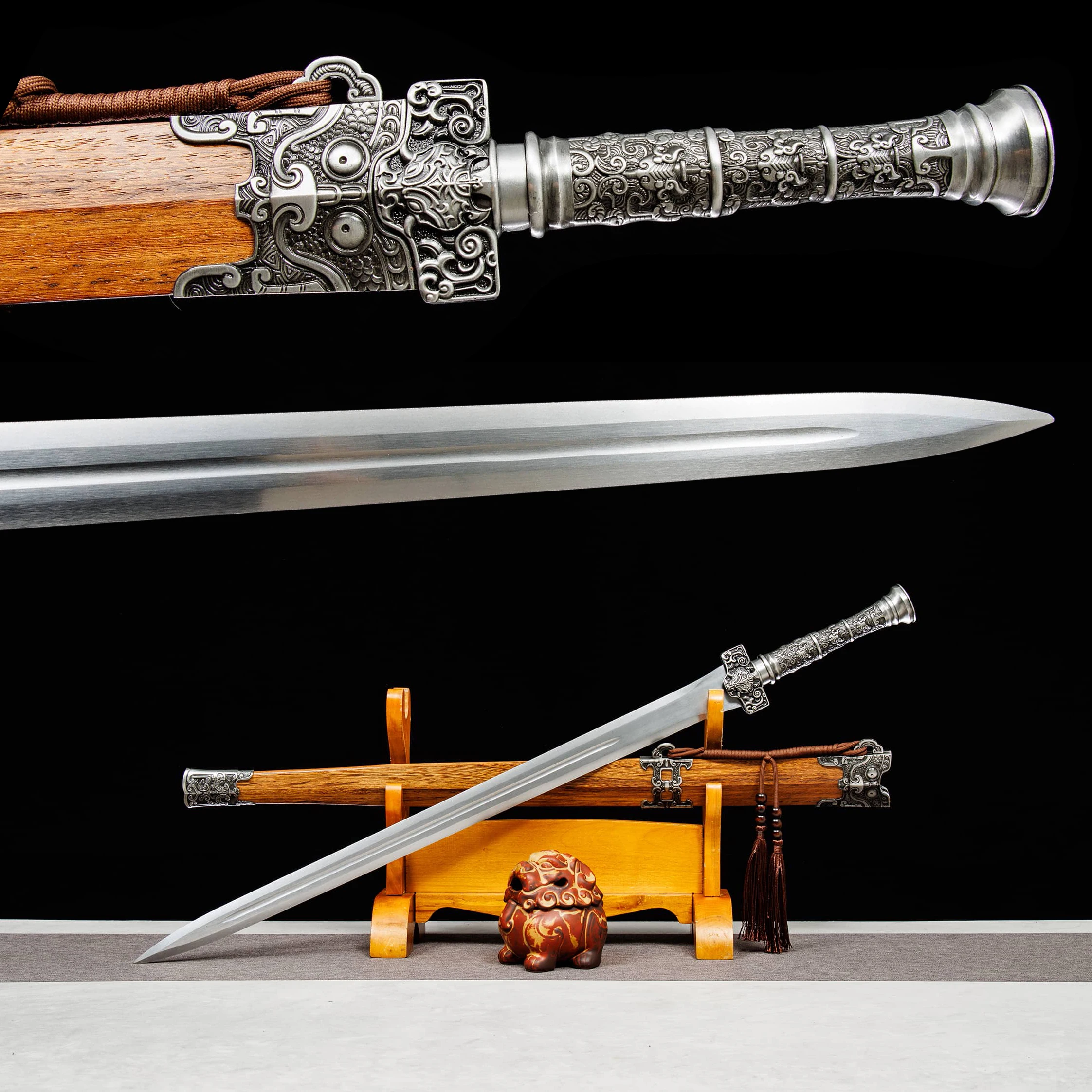 

96cm Medieval Chinese Warac-patterned Han sword cosplay carbon steel sharp Weapons katana full tang Shirasaya Wood Sheath