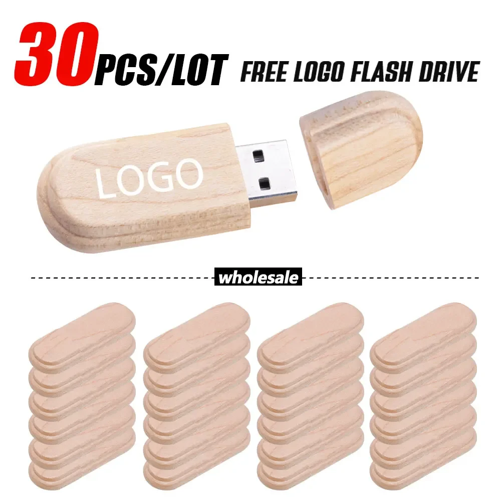 

30PCS/LOT Wooden USB 2.0 Flash Drives 16GB Free logo Business gift Pen drive 64GB Maple wood 32GB Memory stick USB stick 8GB 4GB