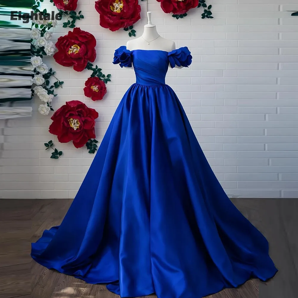 

Eightale Royal Blue Evening Dress Scoop Off Shoulder Customized A-Line Satin Arabic Prom Wedding Party Gown Vestidos De Gala