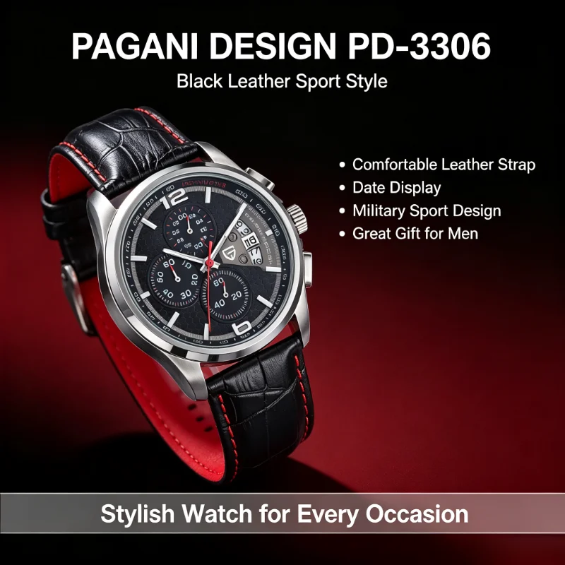 PAGANI DESIGN PD-3306 Men's Chronograph Watch, Multi-Functional Waterproof Military Sports Quartz Watch with Leather Strap