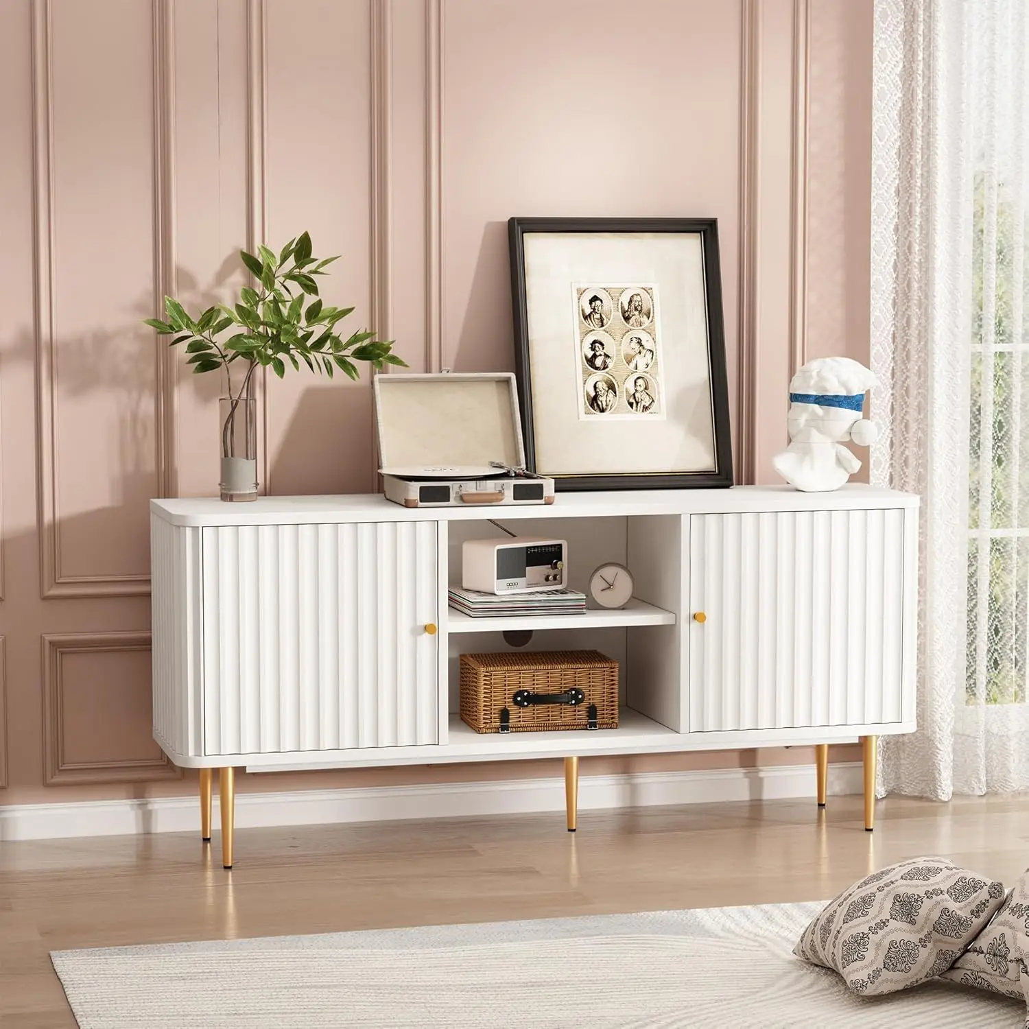 Fluted Modern Television Stand Media Console Table For Living Room Bedroom, Contemporary Entertainment Center Display Storage Cabinet Organizer Rack, Minimalist Style, White, 1 Piece