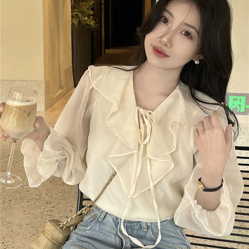 Women Shirt Korean Office Ladies Half Open Collar Pullover Blouse Summer Loose Sweet All Match Chic Solid Female Tops New